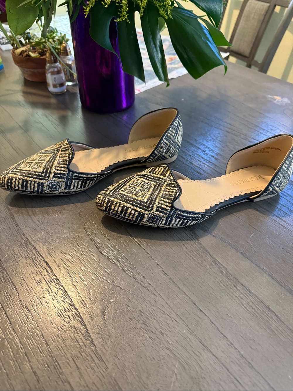 Restricted Black and Cream D'Orsay Flat Shoes with Geometric Weave